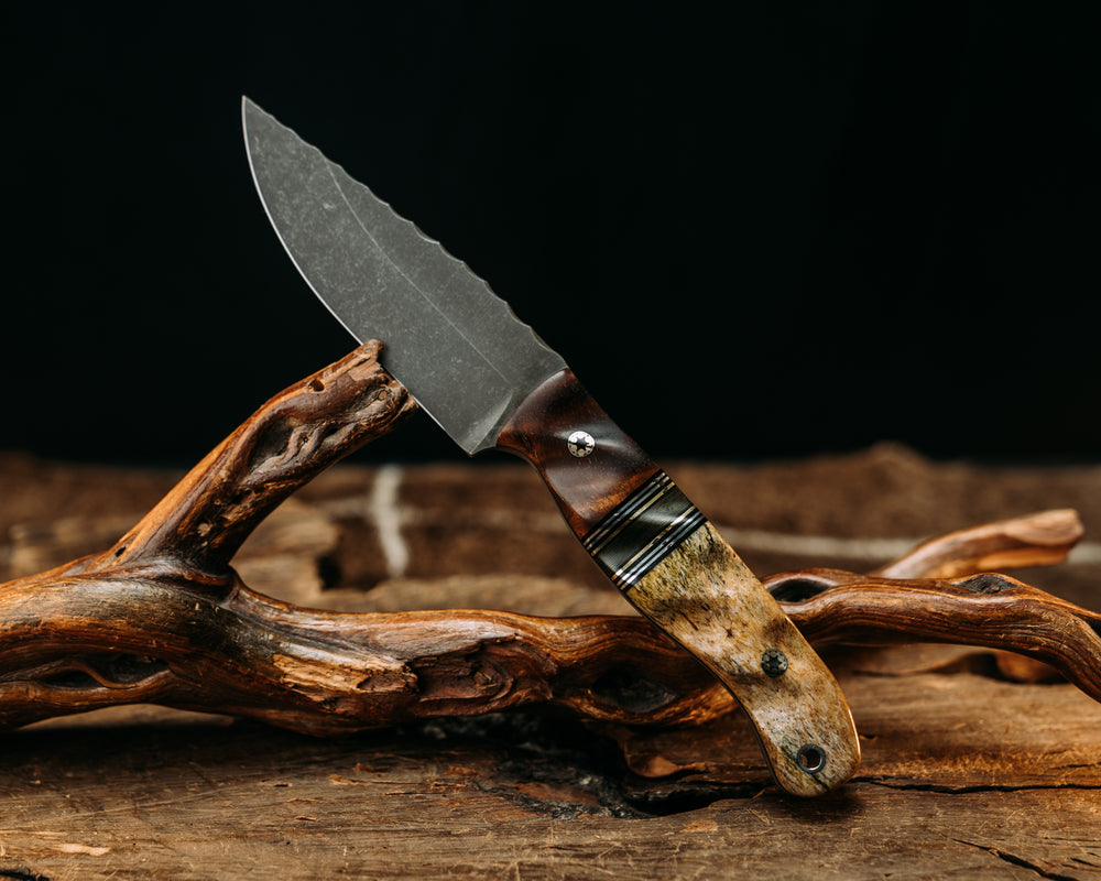 Crow Jr - Hawaiian Curly Koa, Black G10, Aluminum & Brass Pin Striping, Junglewear Carbon Fiber Split, Dyed Giraffe Bone, Mosaic Pins, Aluminum Lanyard Pin, Textured Grip