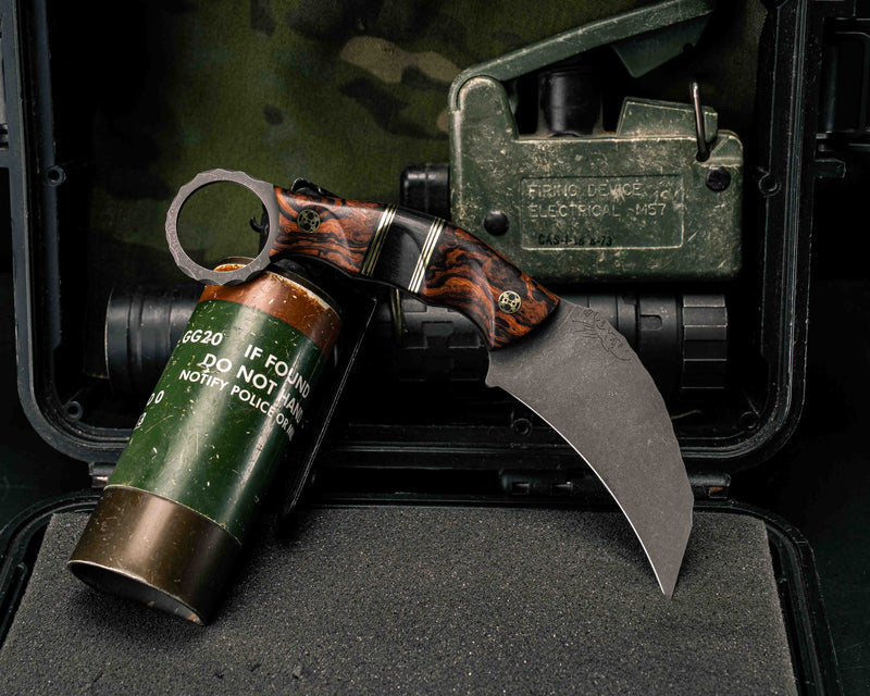 Karambito- Desert Ironwood, Black G10 and Brass Pin Striping, African Blackwood Split, Mosaic Pins, Textured Grip