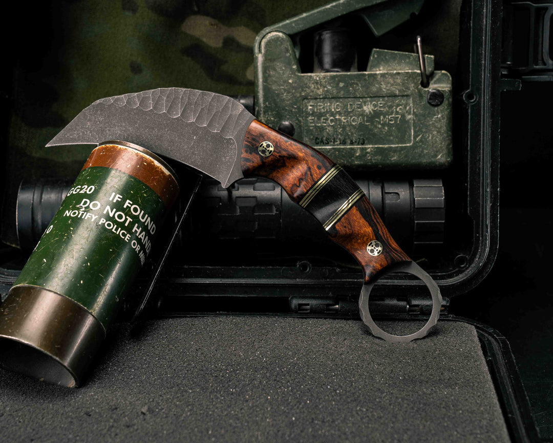 Karambito- Desert Ironwood, Black G10 and Brass Pin Striping, African Blackwood Split, Mosaic Pins, Textured Grip