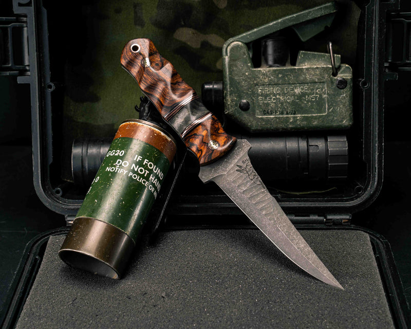 Combat Filet- Desert Ironwood, Black G10 and Copper Pin Striping, Buckeye Burl Split, Mosaic Pins, Copper Lanyard Pin, Textured Grip