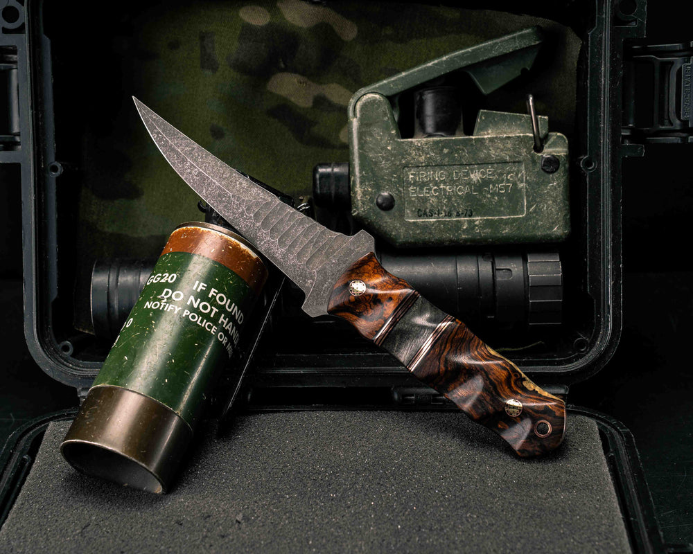 Combat Filet- Desert Ironwood, Black G10 and Copper Pin Striping, Buckeye Burl Split, Mosaic Pins, Copper Lanyard Pin, Textured Grip
