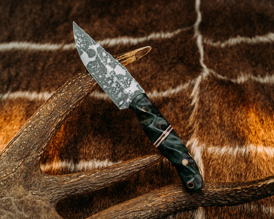 Crow Jr - Dyed Redwood, Black & Ivory G10 w/ Copper Pin Striping, Mosaic Pins, Textured Grip.