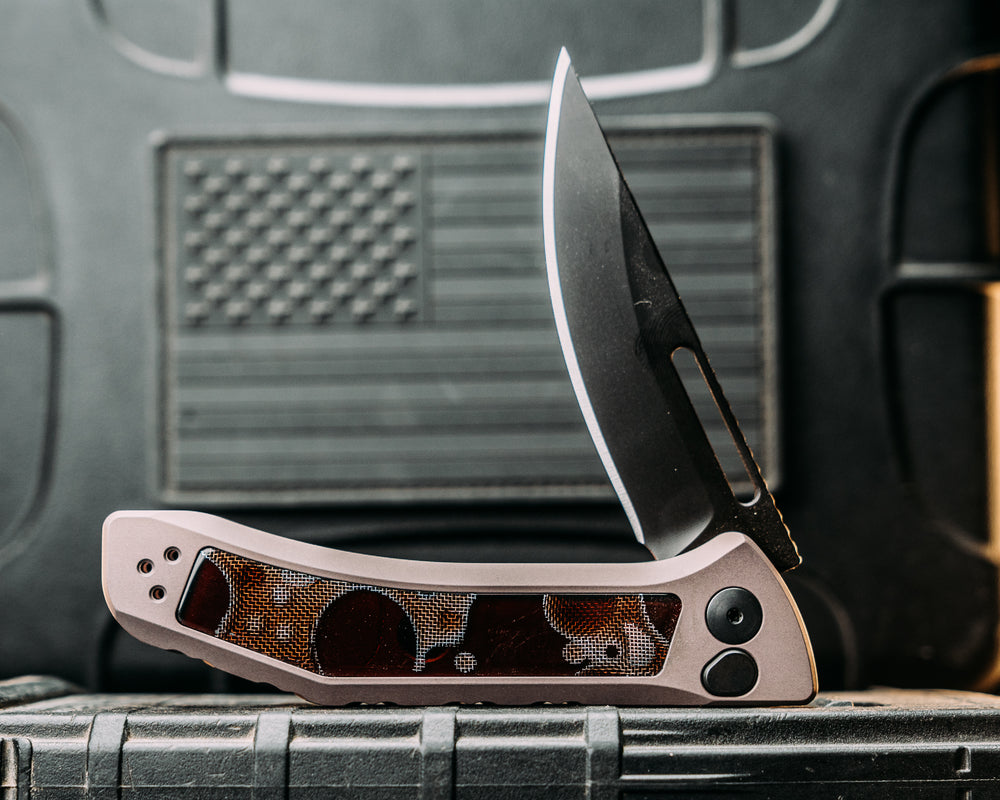 Custom Kwaiken Folder- Raffir Alume Moon Composite Brown, Anodized Grey Handle, Black Nitride Blade, Smooth Grip, Deep Carry Pocket Clip