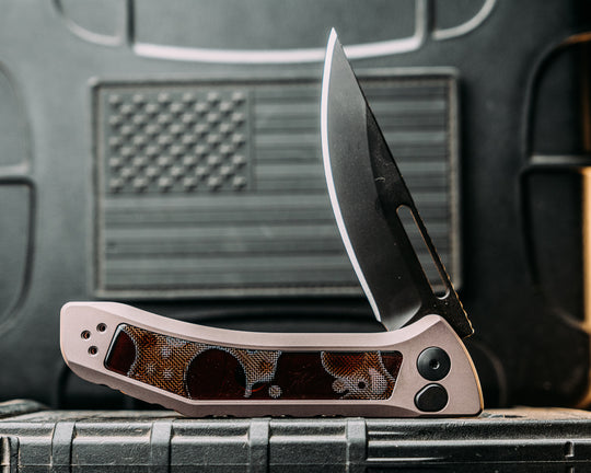 Custom Kwaiken Folder- Raffir Alume Moon Composite Brown, Anodized Grey Handle, Black Nitride Blade, Smooth Grip, Deep Carry Pocket Clip