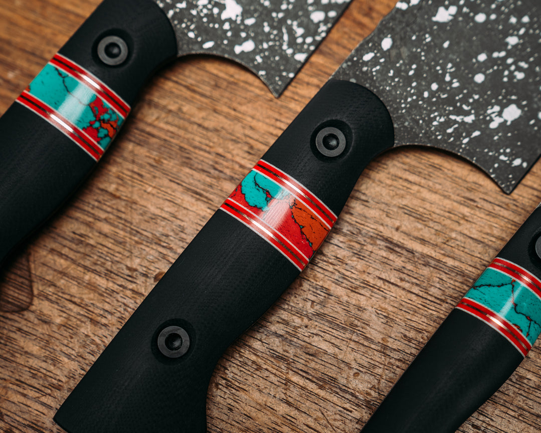 Chef Set - Black G10, White & Cherry G10 w/ Copper Pin Striping, Sonoran Sunset Tru Stone Split, Allen Bolts, Smooth Grip