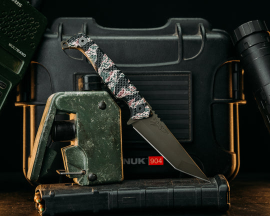 SHAW SHIV x HFB - Vietnam Tiger Stripe Hydro Dripped G10, OD Green Cerakote, Black Allen Bolts, Knurling Grip