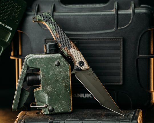 SHAW SHIV x HFB - M81 Woodland Camo Hydro Dipped G10, OD Green Cerakote, Black Allen Bolts, Knurling Grip