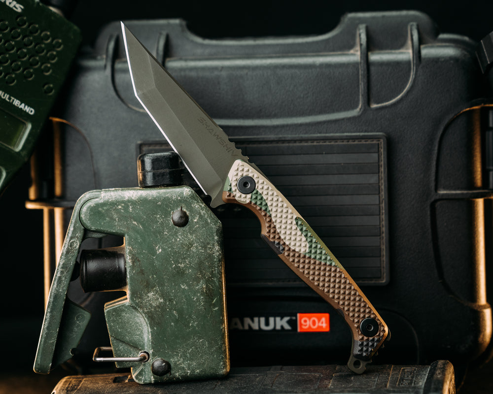 SHAW SHIV x HFB - M81 Woodland Camo Hydro Dipped G10, OD Green Cerakote, Black Allen Bolts, Knurling Grip