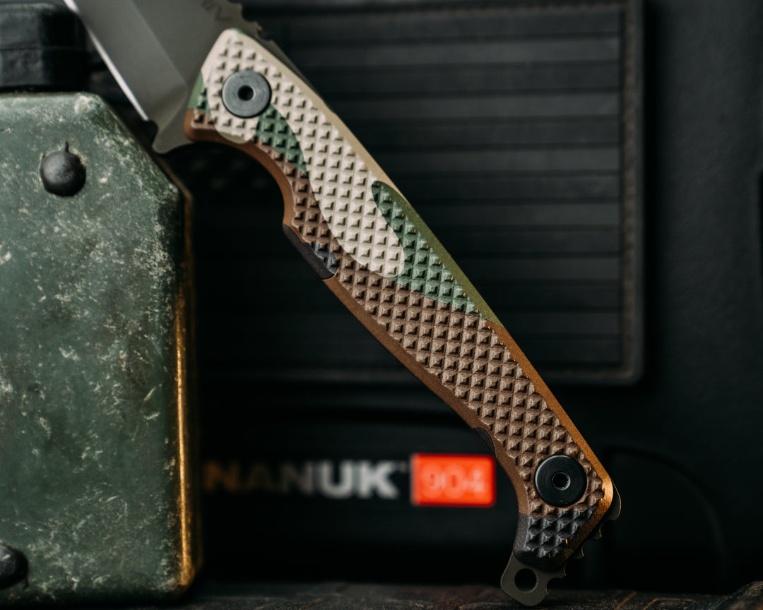 SHAW SHIV x HFB - M81 Woodland Camo Hydro Dipped G10, OD Green Cerakote, Black Allen Bolts, Knurling Grip