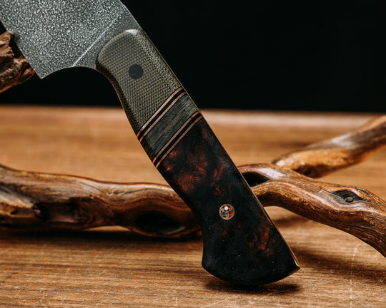 Chef Jr - OD Green Canvas Micarta, Black G10 & Copper Pin Striping, Navy SEAL AOR2 Cammie Micarta Split, Desert Ironwood, CF Pin, Patriot Mosaic Pin, Smooth Grip