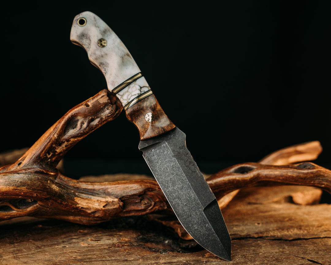 Disaster Jr Gen 3 - Mesquite, Black G10 & Brass Pin Stripiing, White Tru Stone w/ Gold Web, Elk Antler, Mosaic Pins, Brass Lanyard Pin, Textured Grip.