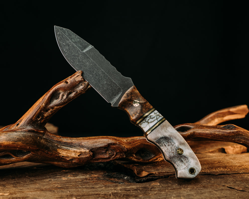 Disaster Jr Gen 3 - Mesquite, Black G10 & Brass Pin Stripiing, White Tru Stone w/ Gold Web, Elk Antler, Mosaic Pins, Brass Lanyard Pin, Textured Grip.