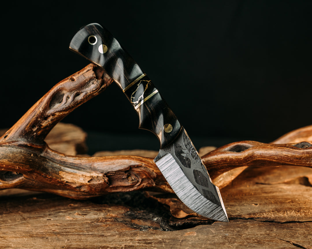 Beef Harpoon - Black African Wood, Black G10 & Brass Pin Striping, Black w/ Gold Web true Stone, Brass Pins, Textured Grip.