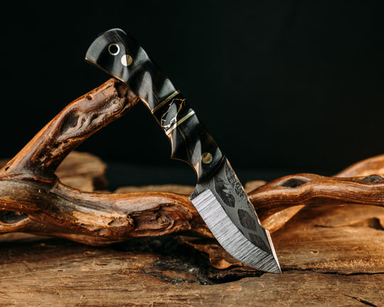 Beef Harpoon - Black African Wood, Black G10 & Brass Pin Striping, Black w/ Gold Web true Stone, Brass Pins, Textured Grip.