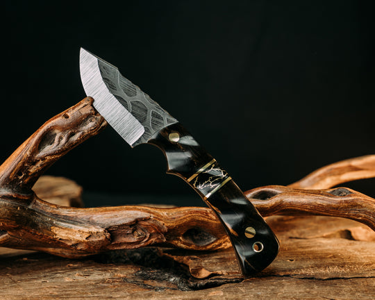 Beef Harpoon - Black African Wood, Black G10 & Brass Pin Striping, Black w/ Gold Web true Stone, Brass Pins, Textured Grip.