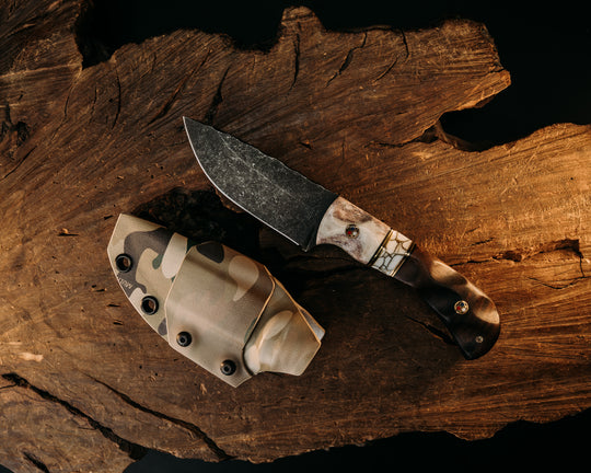 Cav Jr - Elk Antler, Black G10 & Brass Pin Striping, White w/ Gold Web Tru Stone Split, Hawaiian Curly Koa, Brass Patriot Pins, Textured Grip.