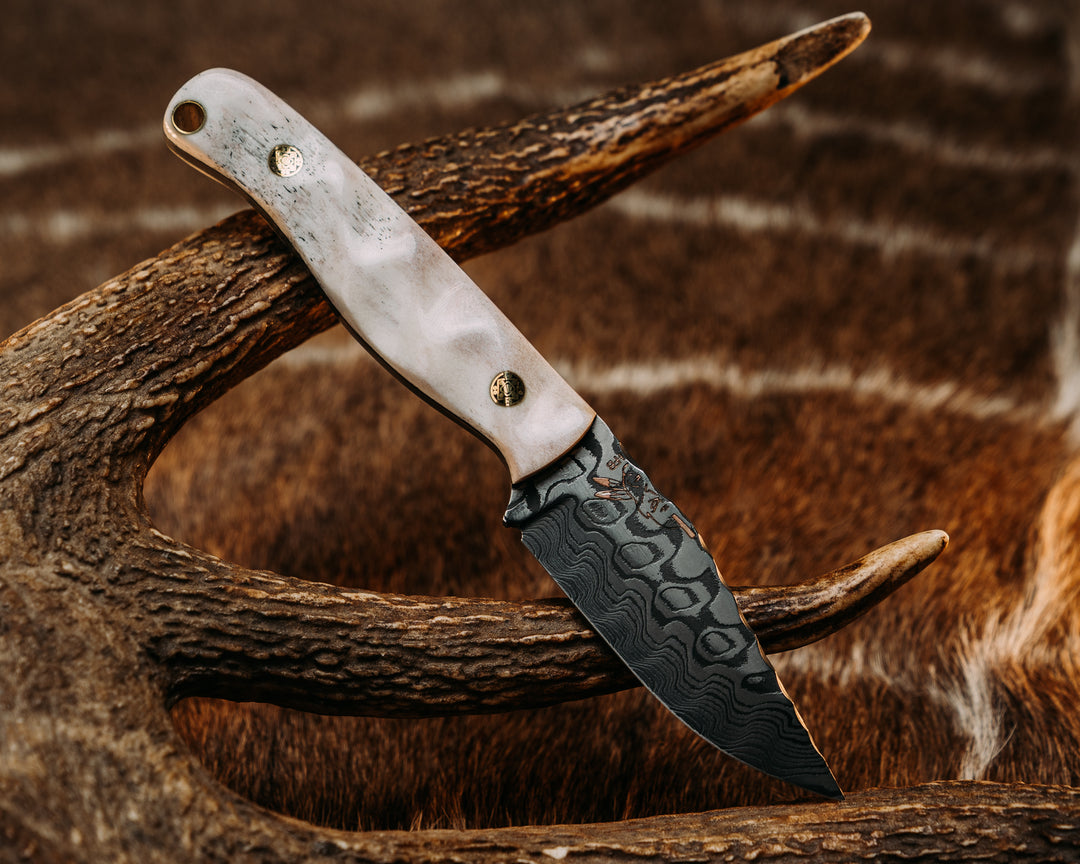 Crow Cub- Baker Forge Zeus Pattern Performance Stainless Damascus- Elk Antler Mosaic Pins, Brass Lanyard Pin, Textured Grip
