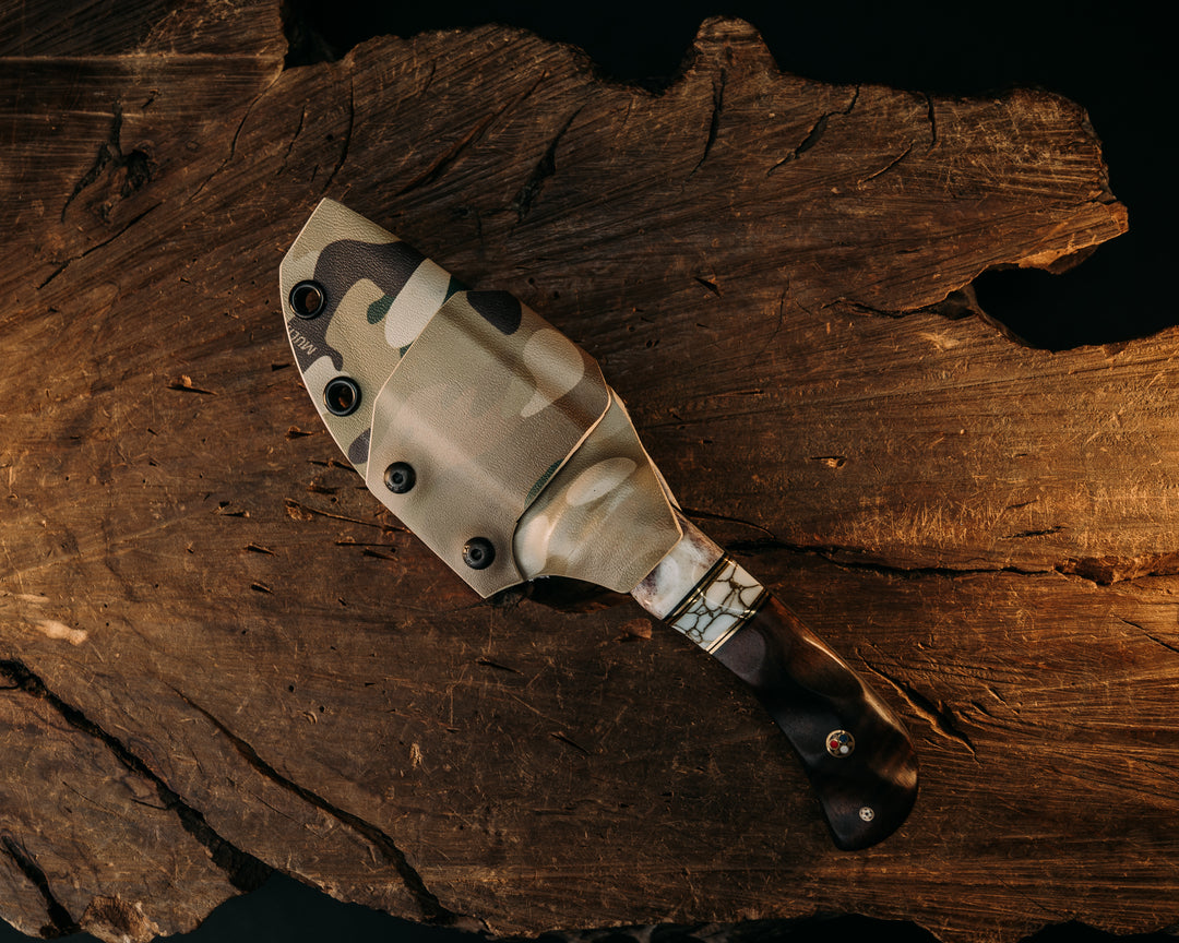 Cav Jr - Elk Antler, Black G10 & Brass Pin Striping, White w/ Gold Web Tru Stone Split, Hawaiian Curly Koa, Brass Patriot Pins, Textured Grip.