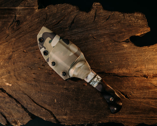 Cav Jr - Elk Antler, Black G10 & Brass Pin Striping, White w/ Gold Web Tru Stone Split, Hawaiian Curly Koa, Brass Patriot Pins, Textured Grip.