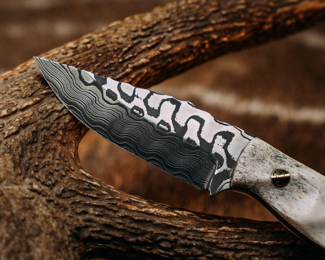 Crow Cub- Baker Forge Zeus Pattern Performance Stainless Damascus- Elk Antler Mosaic Pins, Brass Lanyard Pin, Textured Grip
