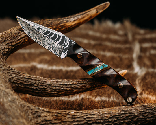 Crow Cub- Baker Forge Zeus Pattern Performance Stainless Damascus- Desert Ironwood, Natural Canvas Micarta, Black G10 and Brass Pin Striping, Turquoise with Gold Matrix Tru-stone Split, Mosaic Pins, Brass Lanyard Pin, Textured Grip