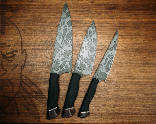 3-Piece Chef Set- Black G10, Black G10, Aluminum, Copper and Brass Split, Hawaiian Curly Koa, CF Pins, Brass Lanyard Pin, Smooth Grip
