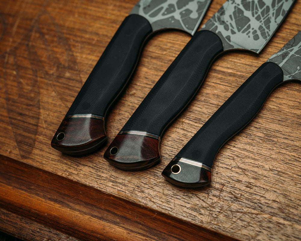 3-Piece Chef Set- Black G10, Black G10, Aluminum, Copper and Brass Split, Hawaiian Curly Koa, CF Pins, Brass Lanyard Pin, Smooth Grip