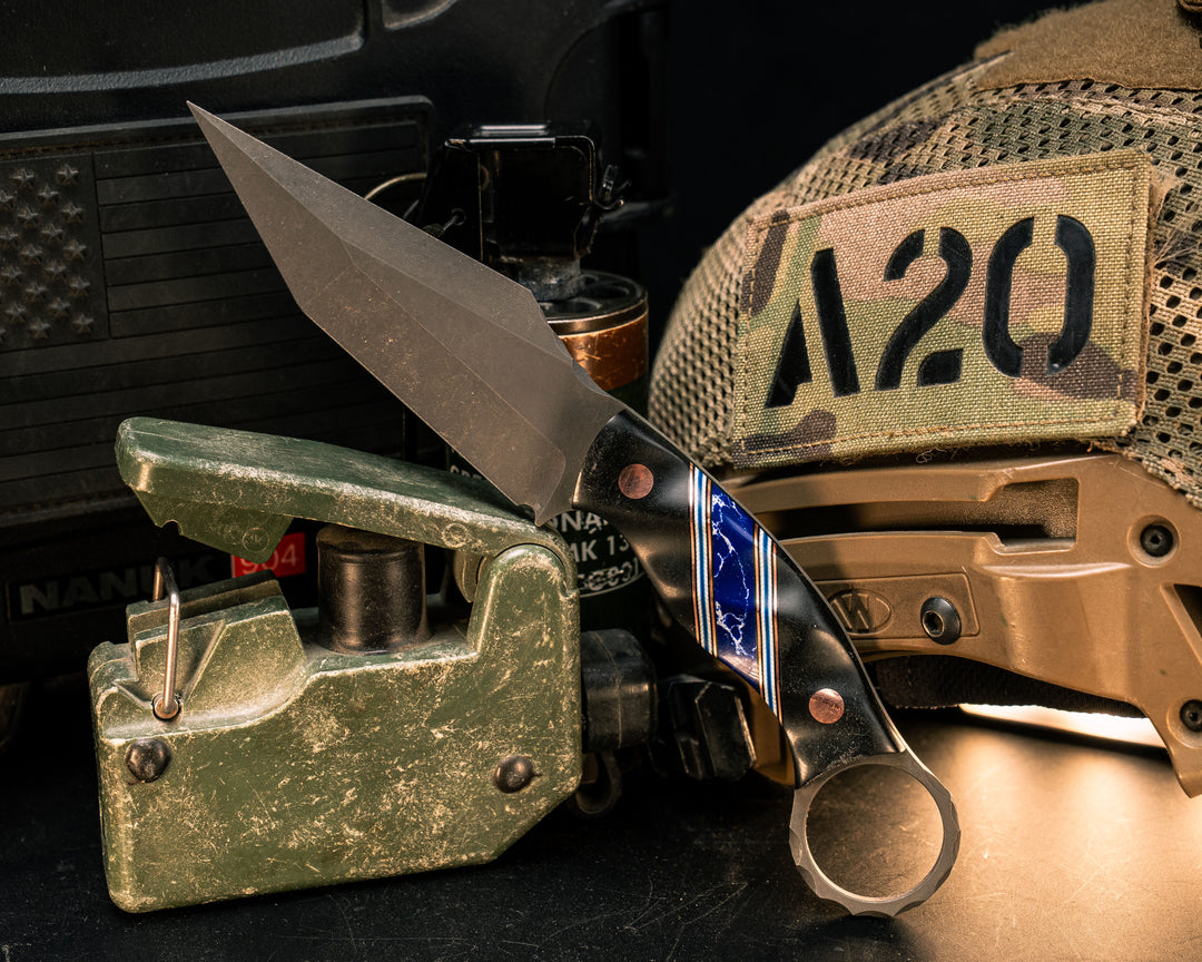 Ringed Tac Tanto- Black Diamond Richlite, Black G10, Copper, White G10 and Blue G10 Pin Striping, Sodalite Tru-stone Split, Copper Pins, Textured Grip