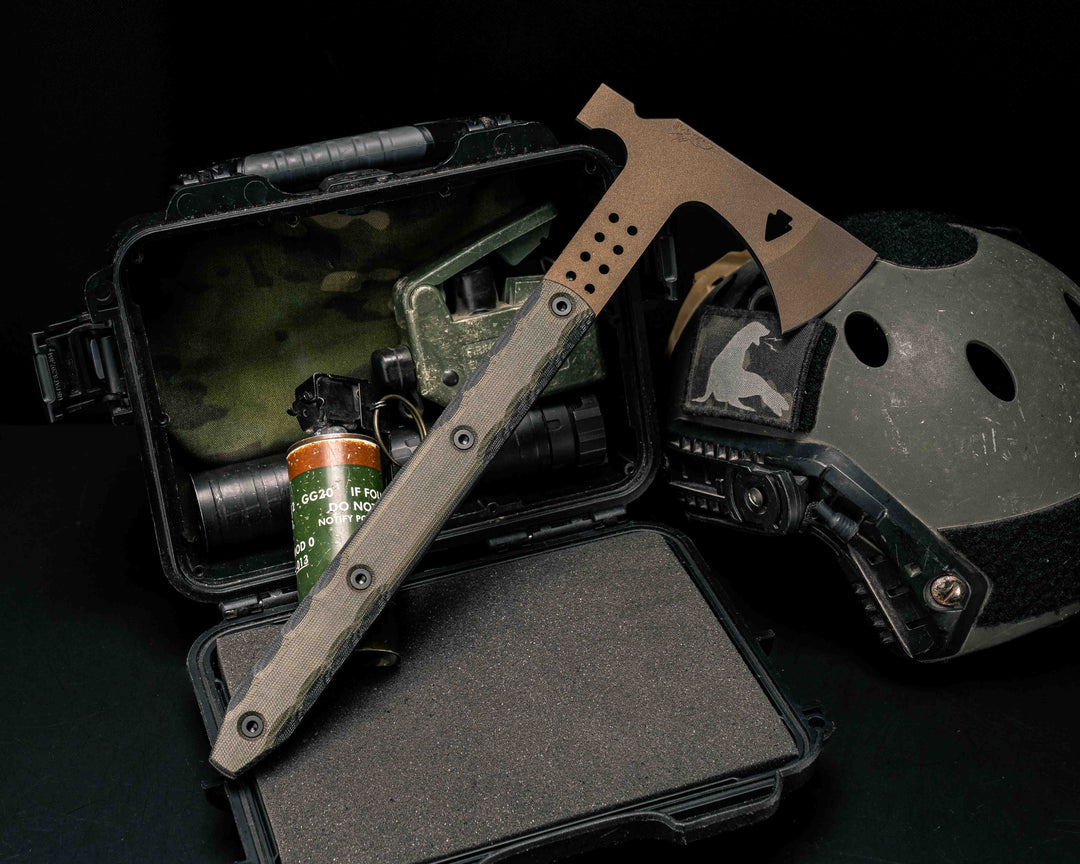 Arrowhead Hawk- OD Green and Black Canvas Micarta, Midnight Bronze Cerakote, Allen Bolts, Smooth Grip
