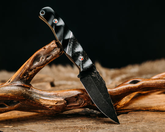 Crow Cub- Z-Wear Steel- Carbon Fiber, Aluminum Split, African Blackwood, Patriot Mosaic Pins, Aluminum Lanyard Pin, Textured Grip