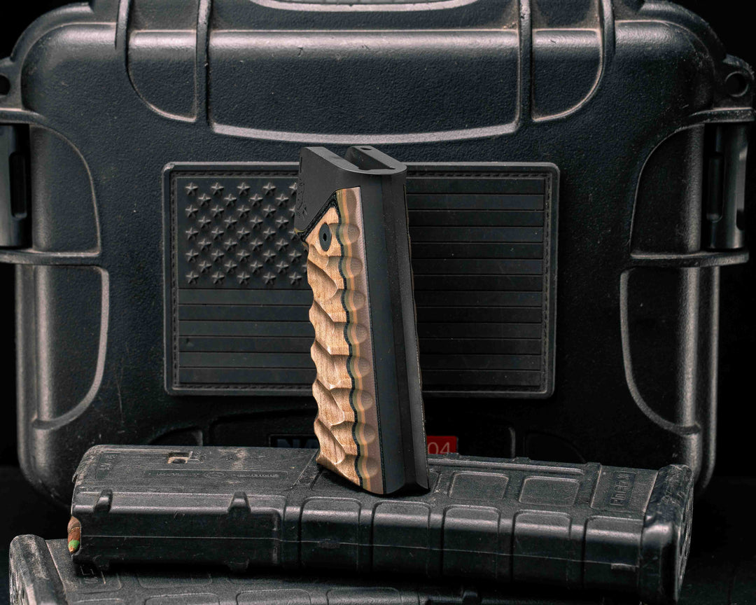 HFB x Kinetic AR Grip System - Layered Maple, Black G10, OD Green G10, Coyote G10 and Earth G10, Black Anodization, Snake Grip.