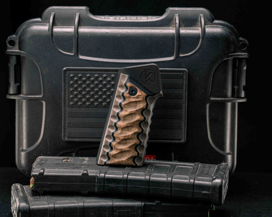 HFB x Kinetic AR Grip System - Layered Maple, Black G10, Grey G10 and Earth G10, Black Anodization, Snake Grip.