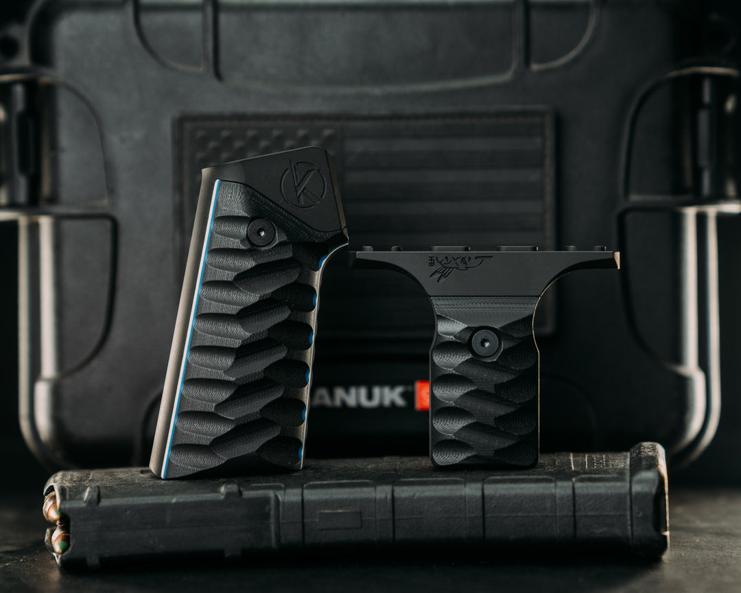 HFB x Kinetic AR Grip System SET - Black G10 w/ White & Blue G10 Liners, Armor Black Cerakote Frames, Snake Textured Grip