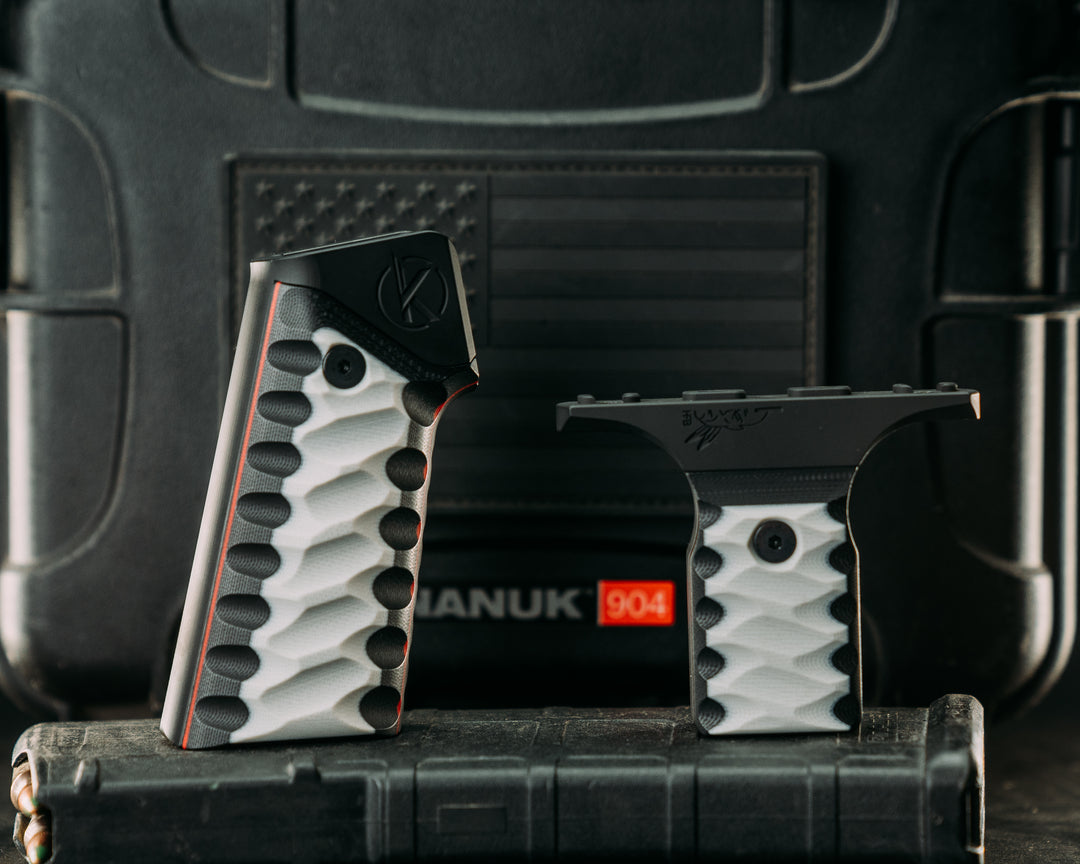 HFB x Kinetic AR Grip System SET - Black & White G10 w/ Red G10 Liners, Armor Black Cerakote Frames, Snake Textured Grip