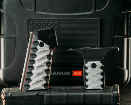 HFB x Kinetic AR Grip System SET - Black & White G10 w/ Red G10 Liners, Armor Black Cerakote Frames, Snake Textured Grip