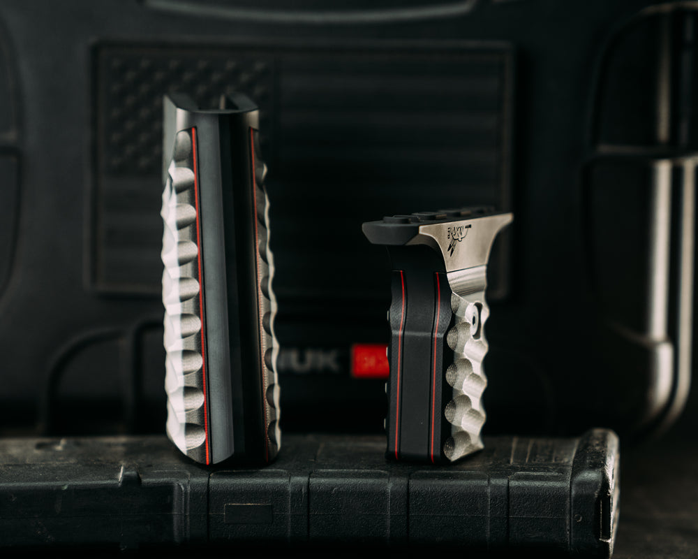 HFB x Kinetic AR Grip System SET - Black & White G10 w/ Red G10 Liners, Armor Black Cerakote Frames, Snake Textured Grip