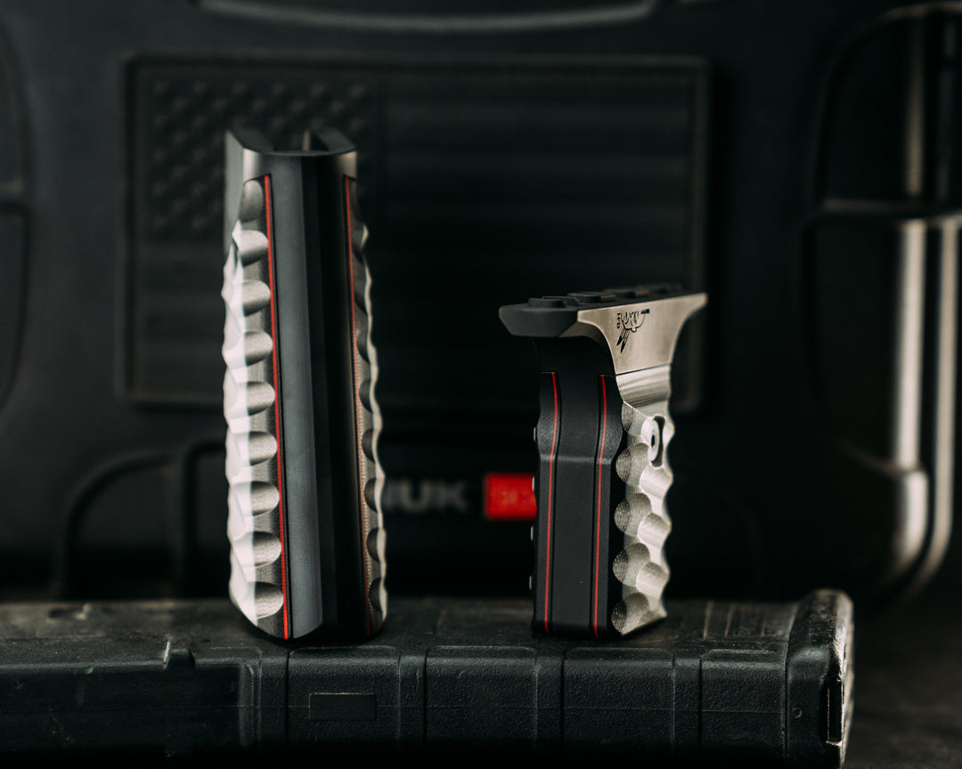 HFB x Kinetic AR Grip System SET - Black & White G10 w/ Red G10 Liners, Armor Black Cerakote Frames, Snake Textured Grip