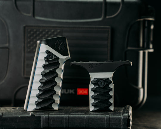 HFB x Kinetic AR Grip System SET - Black & White G10 w/ Blue G10 Liners, Armor Black Cerakote Frames, Snake Textured Grip