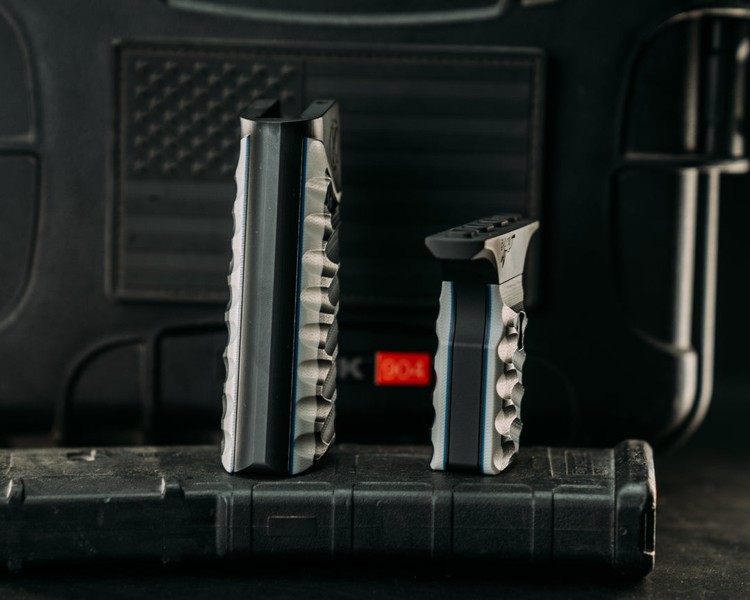 HFB x Kinetic AR Grip System SET - Black & White G10 w/ Blue G10 Liners, Armor Black Cerakote Frames, Snake Textured Grip