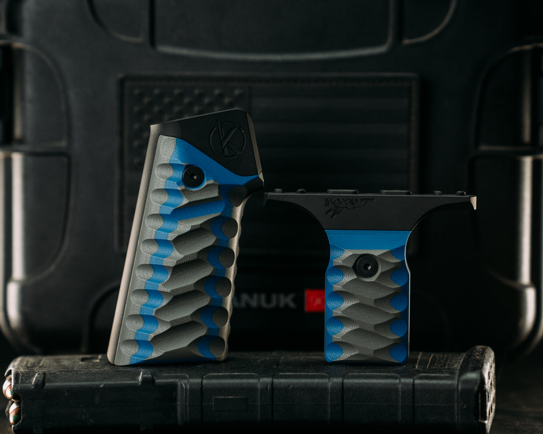 HFB x Kinetic AR Grip System SET - Gray & Blue G10, Armor Black Cerakote Frames, Snake Textured Grip