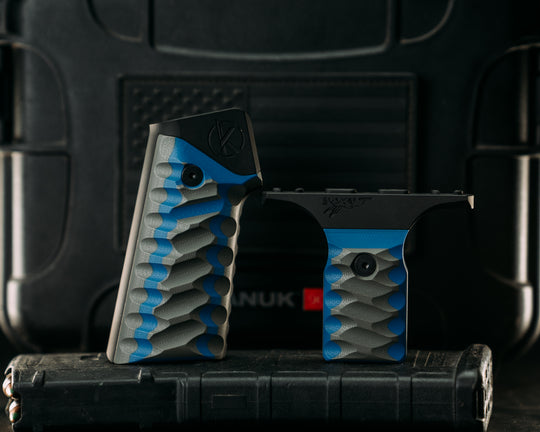 HFB x Kinetic AR Grip System SET - Gray & Blue G10, Armor Black Cerakote Frames, Snake Textured Grip