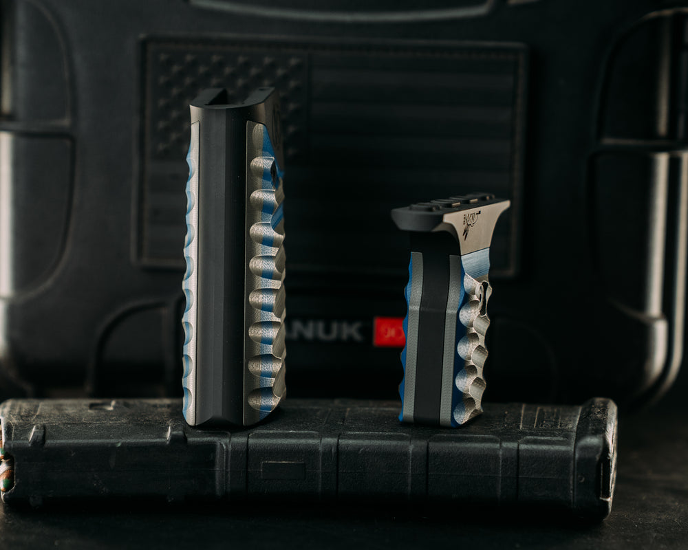 HFB x Kinetic AR Grip System SET - Gray & Blue G10, Armor Black Cerakote Frames, Snake Textured Grip