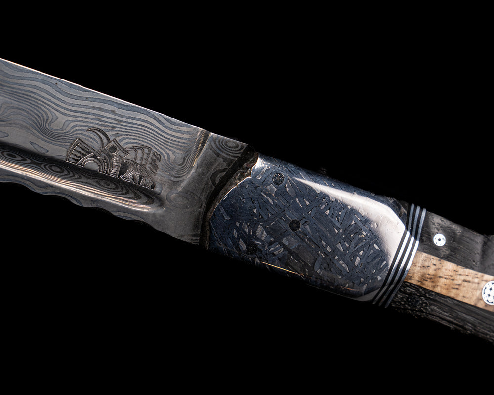 Katana- Baker Forge Raindrop Damascus - Meteorite Over Carbon Fiber, Black G10 & Stainless Steel Pin Striping, Hawaiian Curly Koa & African Bog Oak, Carbon Fiber Split, CO Elk, HFB Mosaic Pins, 1/8" Mosaic Pins