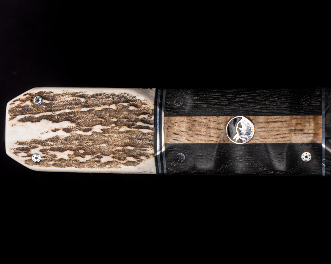 Katana- Baker Forge Raindrop Damascus - Meteorite Over Carbon Fiber, Black G10 & Stainless Steel Pin Striping, Hawaiian Curly Koa & African Bog Oak, Carbon Fiber Split, CO Elk, HFB Mosaic Pins, 1/8" Mosaic Pins