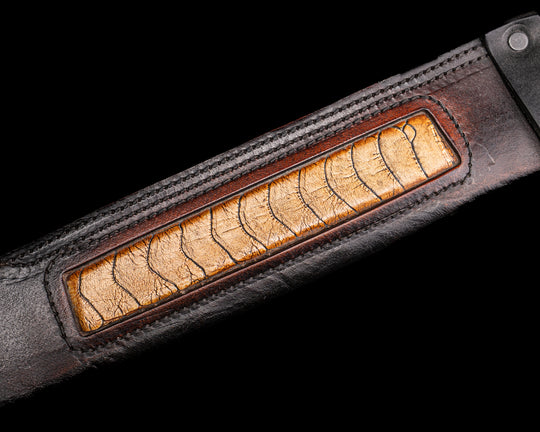 Katana- Baker Forge Raindrop Damascus - Meteorite Over Carbon Fiber, Black G10 & Stainless Steel Pin Striping, Hawaiian Curly Koa & African Bog Oak, Carbon Fiber Split, CO Elk, HFB Mosaic Pins, 1/8" Mosaic Pins