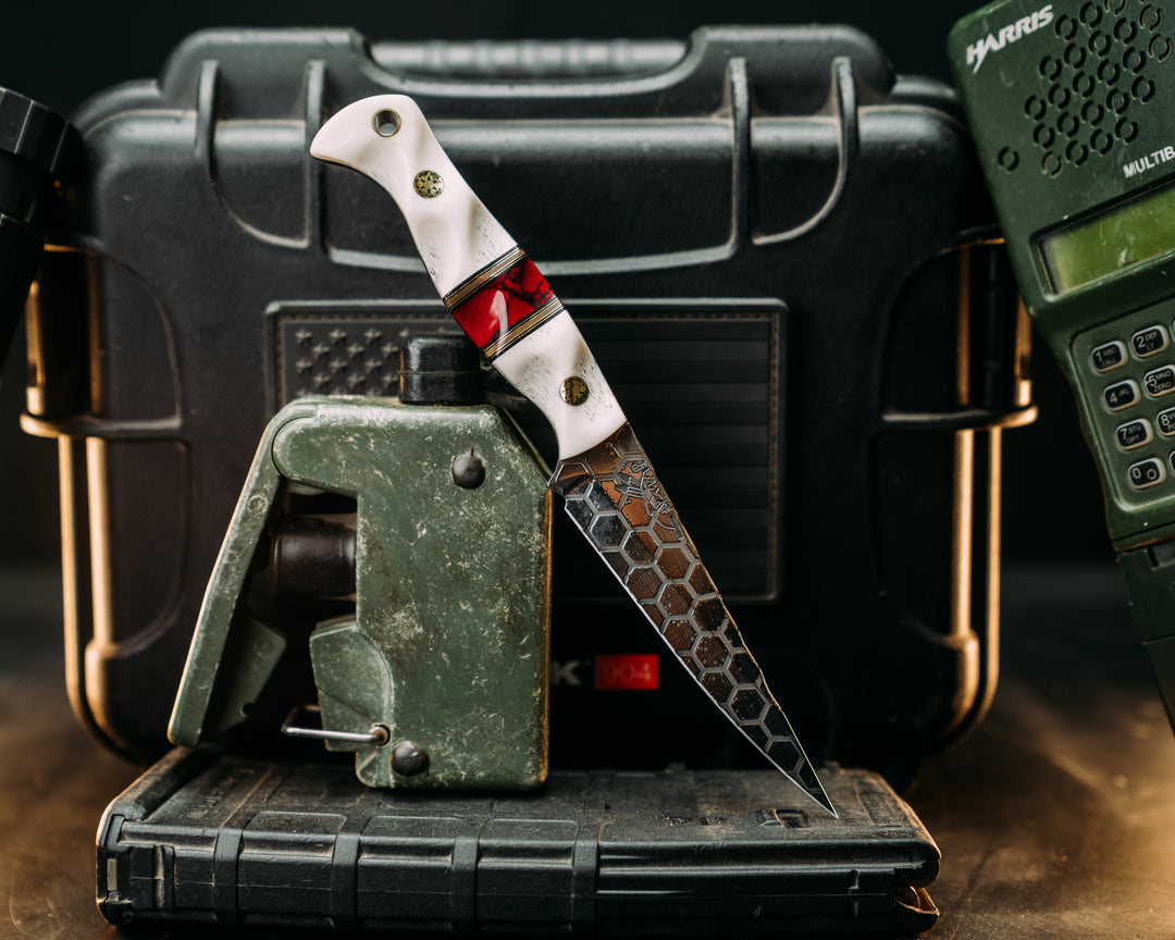Congressman- Elk Antler, Black & Coyote G10 with Brass Pin Striping, Bloody Basin Jasper Tru Stone Split, Mosaic Pins, Brass Lanyard PIn Textured Grip.