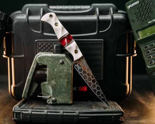 Congressman- Elk Antler, Black & Coyote G10 with Brass Pin Striping, Bloody Basin Jasper Tru Stone Split, Mosaic Pins, Brass Lanyard PIn Textured Grip.