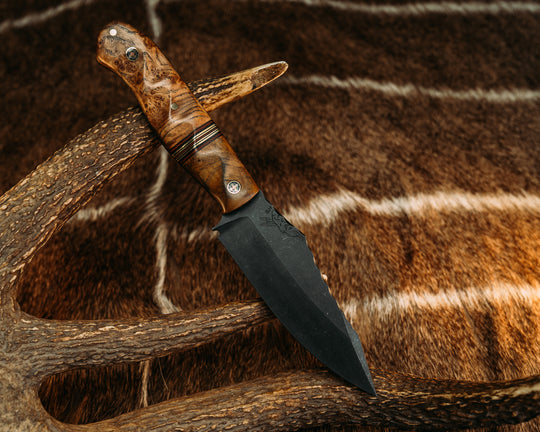 Field Knife (CruWear) - Teak, Black G10 & Fire Canvas Micarta w/ Brass Split, Black Ash, Mosaic Pins, Brass Pin, Textured Grip.