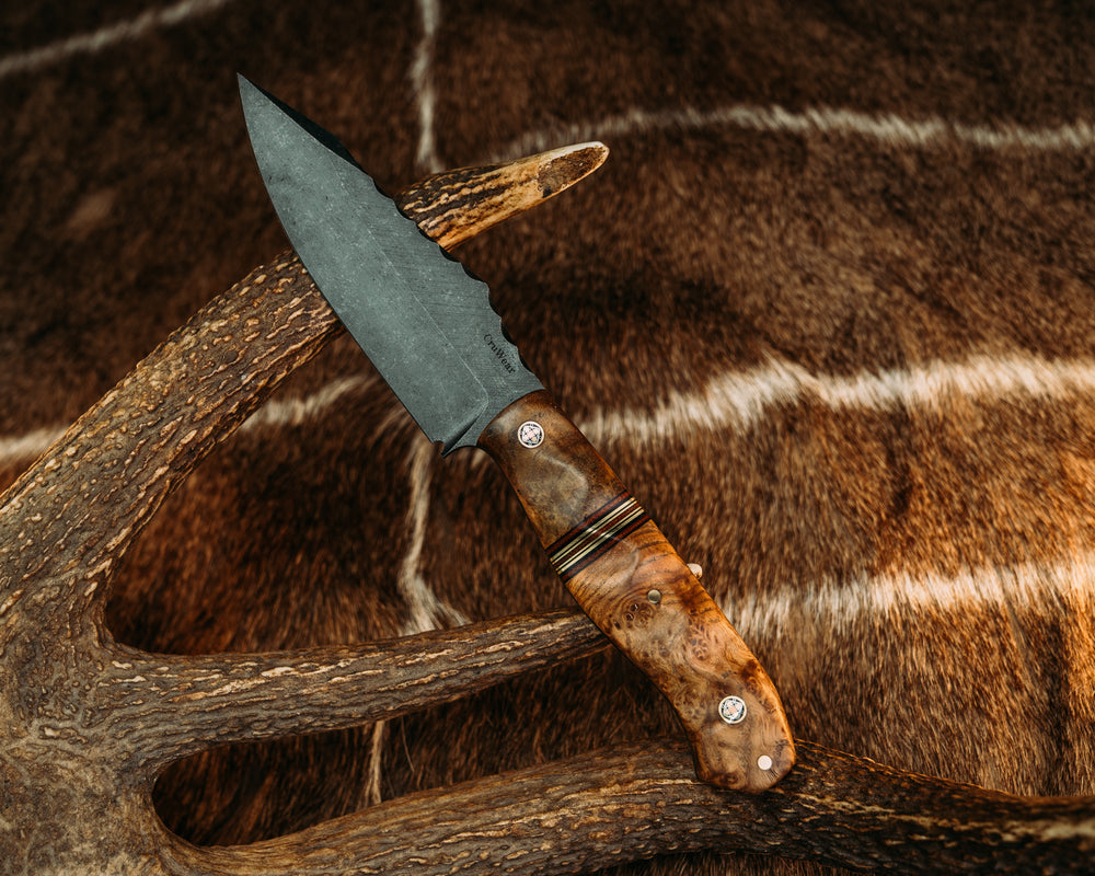 Field Knife (CruWear) - Teak, Black G10 & Fire Canvas Micarta w/ Brass Split, Black Ash, Mosaic Pins, Brass Pin, Textured Grip.