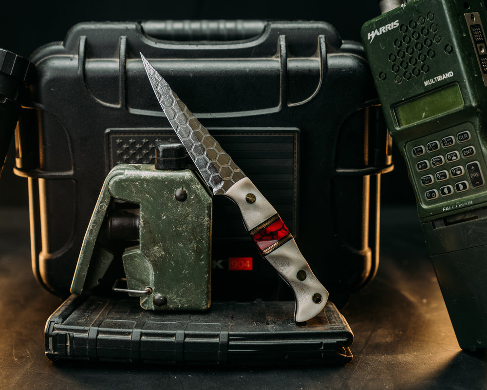 Congressman- Elk Antler, Black & Coyote G10 with Brass Pin Striping, Bloody Basin Jasper Tru Stone Split, Mosaic Pins, Brass Lanyard PIn Textured Grip.